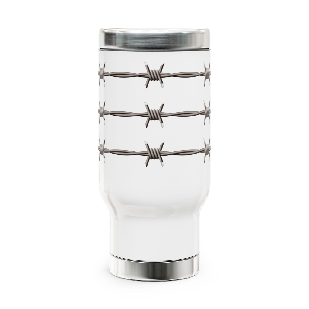 Barbed wire appears to wrap this Stainless Steel Travel Mug with Handle, 14oz