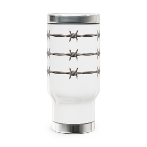 Barbed wire appears to wrap this Stainless Steel Travel Mug with Handle, 14oz