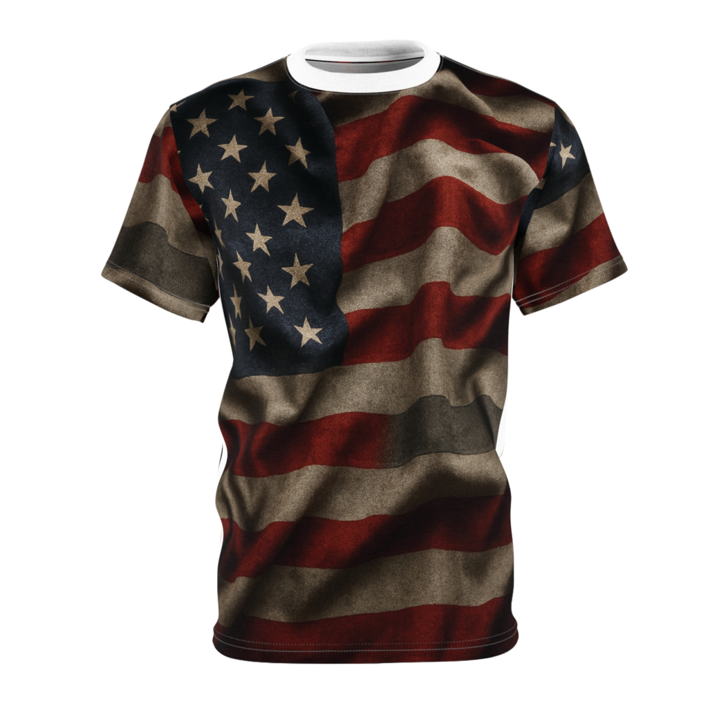 American Flag with Thin Gray Line. Patriotic Unisex Cut & Sew Tee | American Flag Shirt | Perfect for Independence Day, BBQs, Casual Wear, Gifts