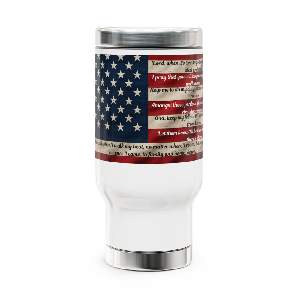Correctional Officer Prayer Flag Travel Mug — 14oz Stainless Steel with Handle (Prayer Poem Design)